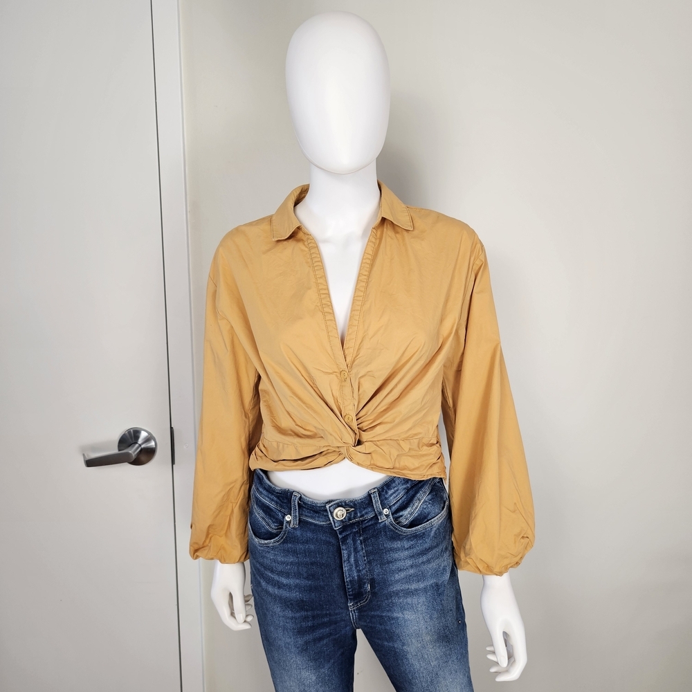 Sunday in Brooklyn Mustard Yellow Twist Front Collared Blouse Sz S